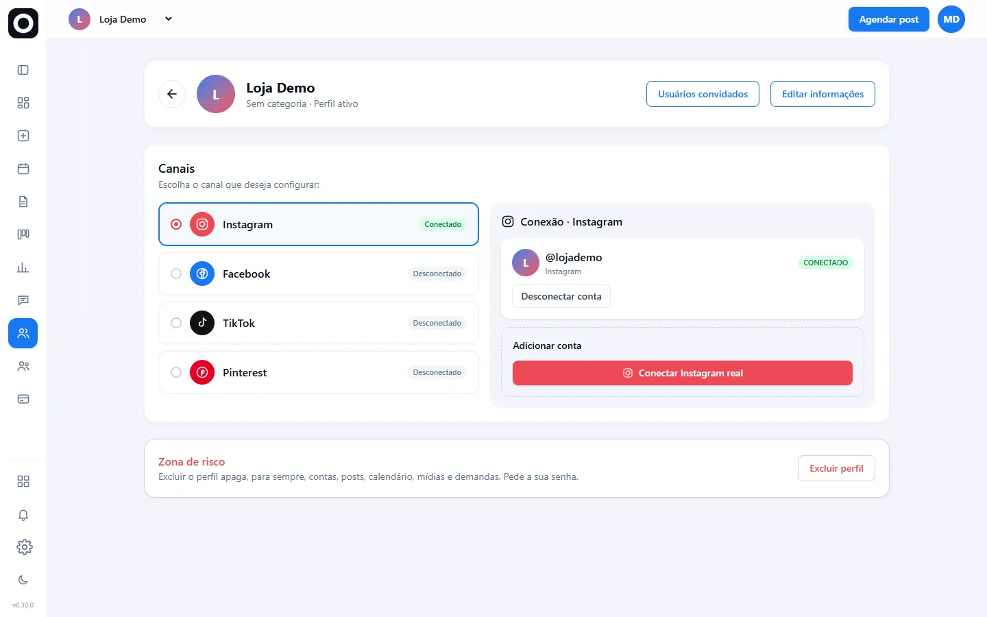 Tela do perfil com os canais e a conexão do Instagram