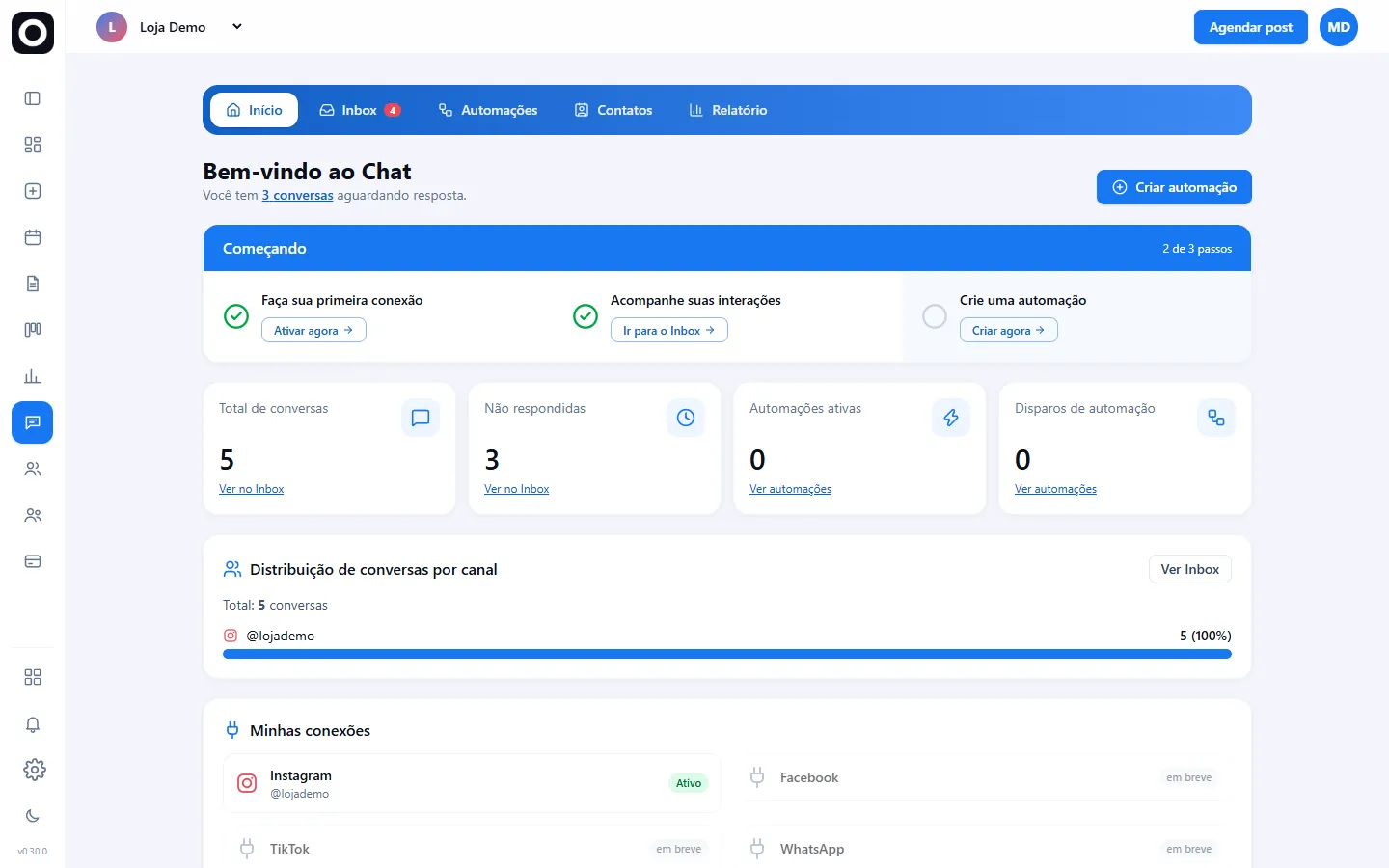 Início do app Chat com conversas e conexões