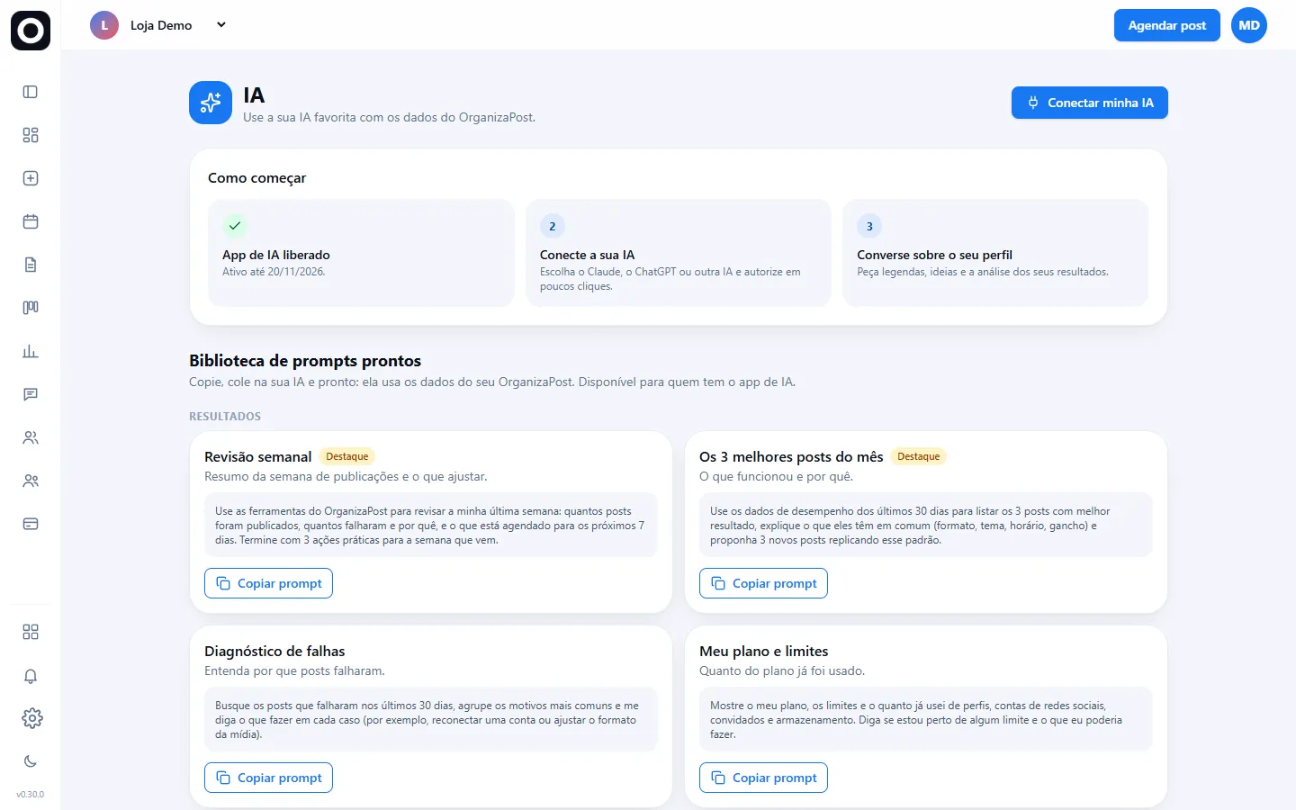 Página IA com passos e biblioteca de prompts prontos