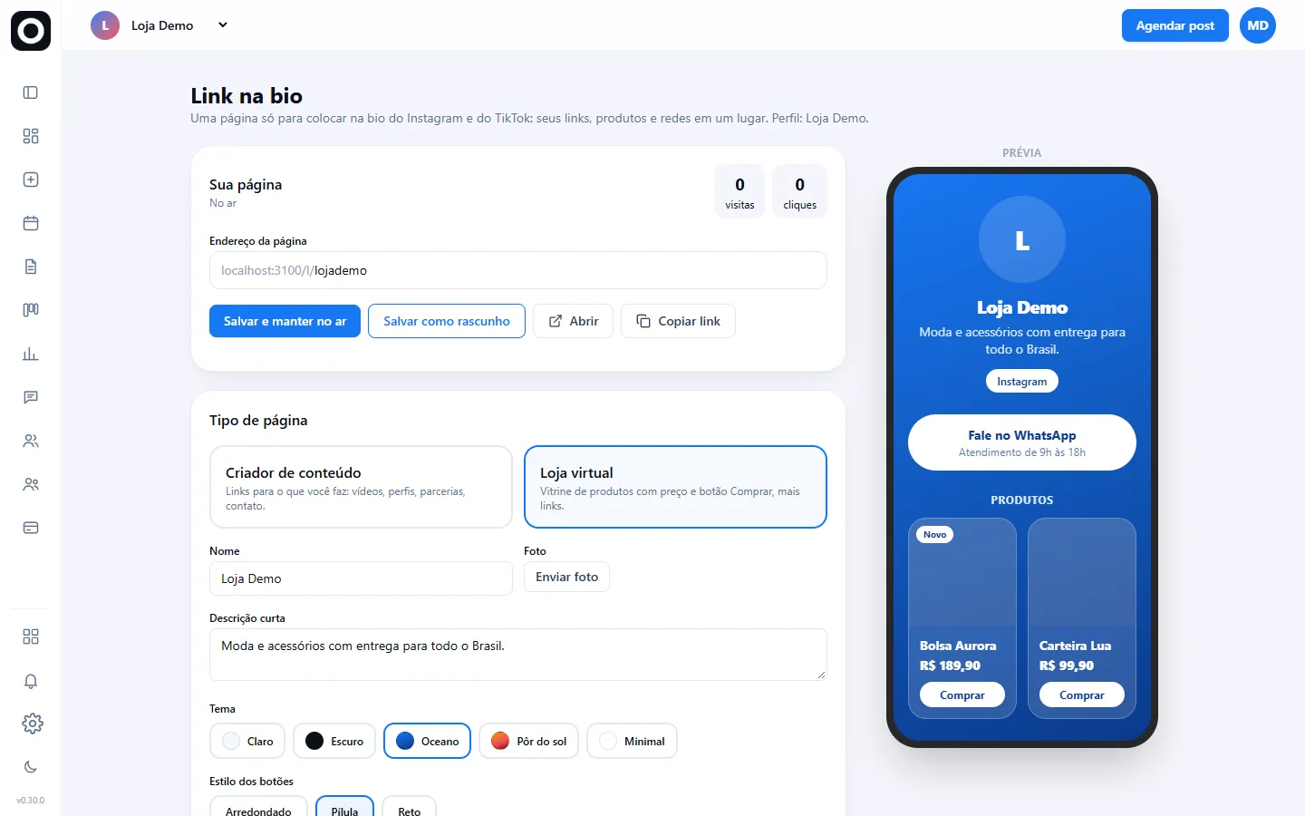 Editor do Link na bio com prévia no celular