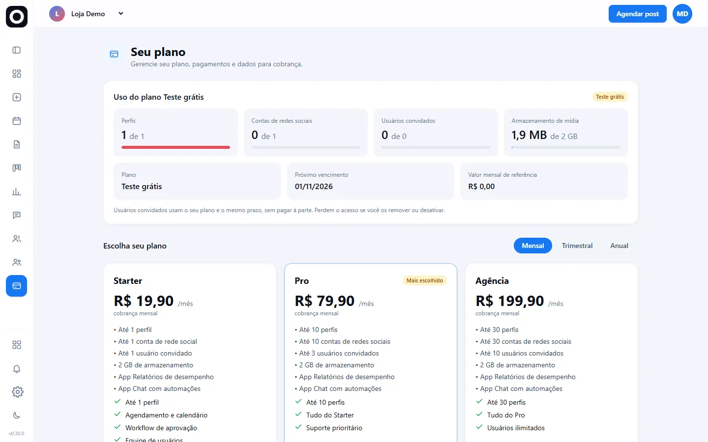 Tela Seu plano com planos e uso