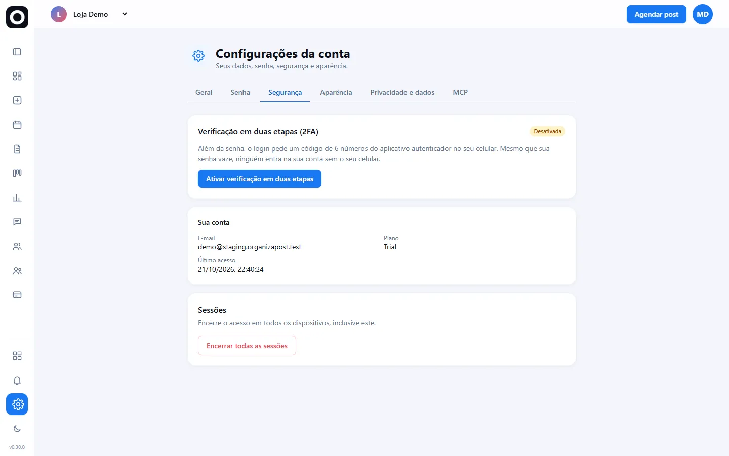 Configurações de segurança com verificação em duas etapas