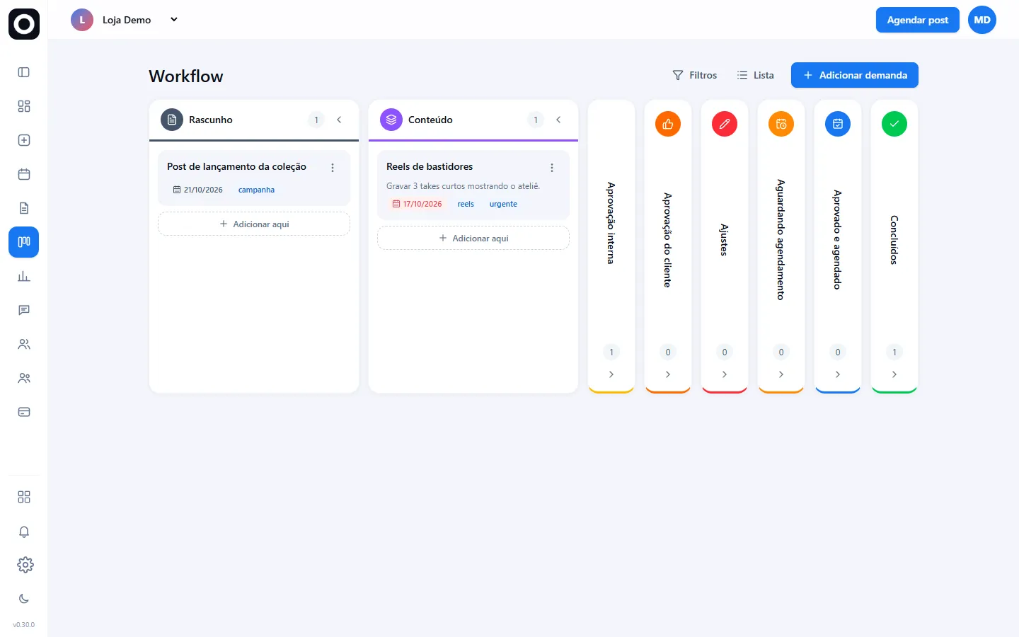 Quadro de workflow com colunas de etapas